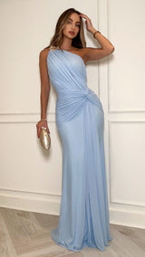 Guest List Europe – Baby Blue Asymmetric Wrap Maxi Dress with Gold Flower Detail