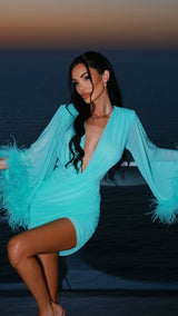 Tiffany Luxe – Aqua Blue Feather Bell Sleeve Wrap Mini Dress
