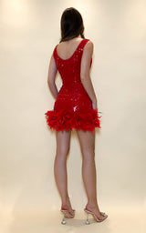 Red dress with feather details on a plain background