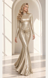 Polished Behaviour  Long Sleeve Open Back Metallic Champagne Wedding Guest Maxi Dress