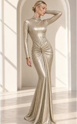 Polished Behaviour  Long Sleeve Open Back Metallic Champagne Wedding Guest Maxi Dress