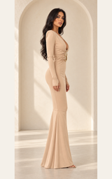 Couture Level Taupe Deep V Plunge Convertible 2 in 1 Midi & Maxi Dress – Wedding Guest