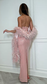 Cannes Prive – Deep V Plunge Powder Pink Dress with Ostrich Feather Scarf
