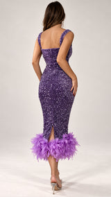 Billionaire’s Guest Purple Sequin Feathered Hem Midi Dress