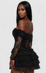 Noir Darling Black Lace Off-Shoulder Corset Mini Dress with Layered Skirt