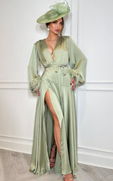 Royal Society – Sage Green V Collar Feather Cuffs Thigh Split Satin Maxi Dress