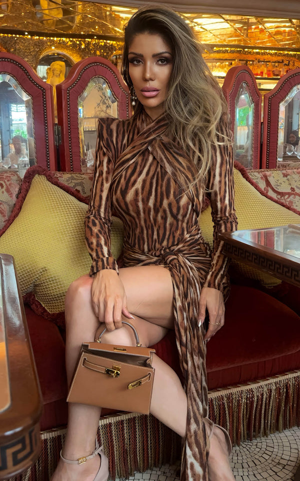 Feline Instinct Animal Print Long Sleeves Bodycon Dress with Wrap Detail
