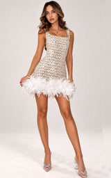 Gen Glam Silver Champagne Sequin Feather Trim Party Dress