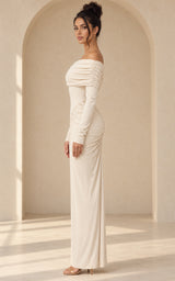 Soft Tone Sharp Standards Asymmetric Shoulder Ruched Silhouette Maxi Dress – Alabaster