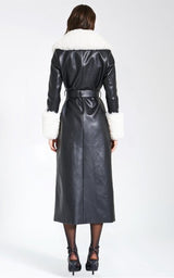 Zaida White Faux Fur Trim Black Vegan Leather Coat