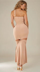 Greek Muse – Twist Front Cut-Out Summer Occasion Midi Dress Taupe