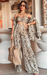 Marbella Socialites – Palm Print Cut-Out Flare Jumpsuit With Floating Sleeves
