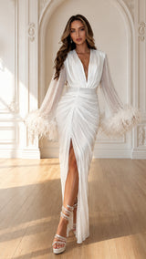 White Party – Feathered Bell Sleeve Ruched Wrap Side Slit Midi Dress