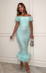 Luxury aqua sequin off-the-shoulder midi dress with feather trim
