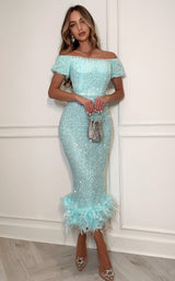 Luxury aqua sequin off-the-shoulder midi dress with feather trim
