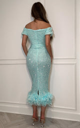 Elegant aqua feather trim occasion dress for weddings and galas