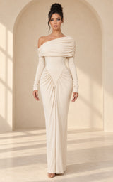 Soft Tone Sharp Standards Asymmetric Shoulder Ruched Silhouette Maxi Dress – Alabaster