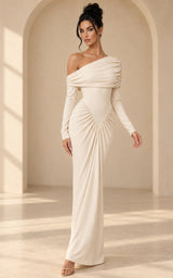 Soft Tone Sharp Standards Asymmetric Shoulder Ruched Silhouette Maxi Dress – Alabaster