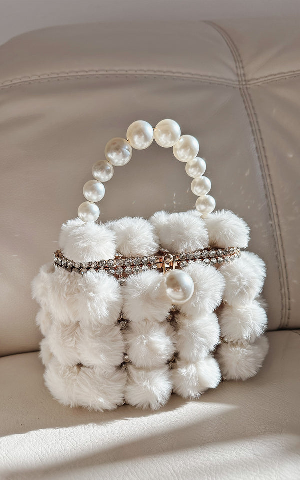 Pompom Champagne Fur Rhinestone Embellished Pearl Top Handle Party Clutch Bag