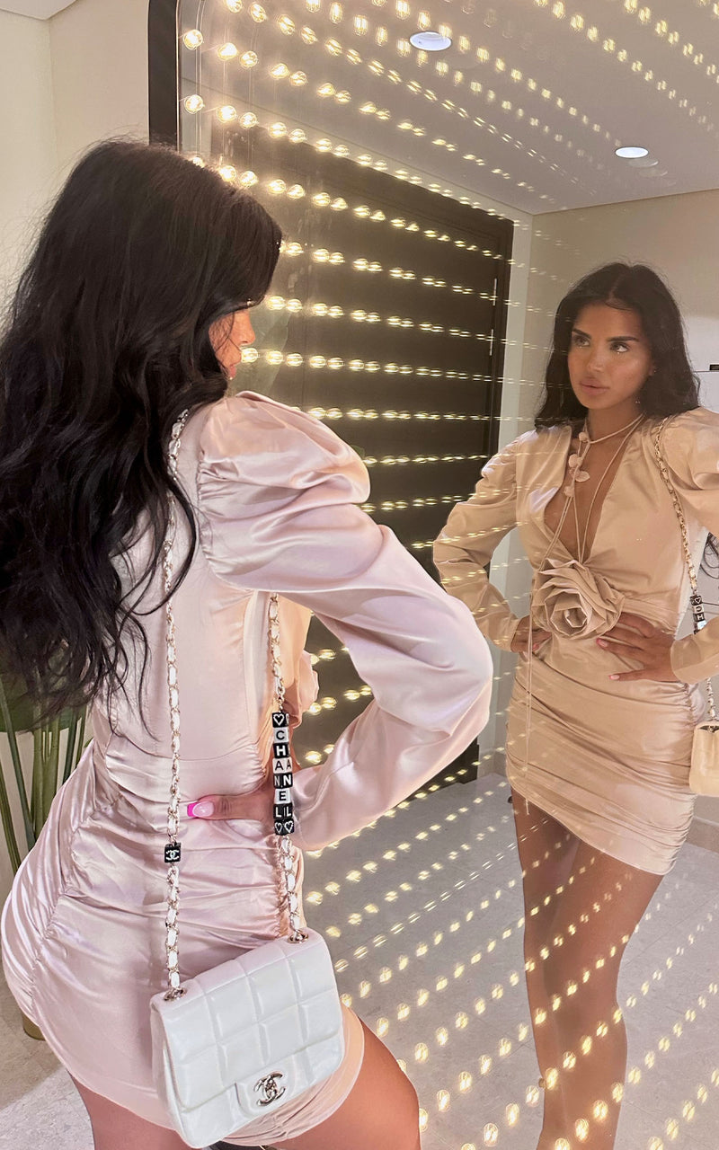 Valentina BB Latte Ruched Blazer Dress With Puff Sleeves & Roses Tie