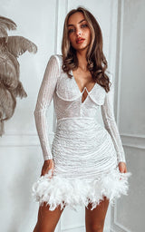 In The Spotlight White Crystal Embellished Long Sleeve Underwired Feather Trim Ruched Mini Party Dress