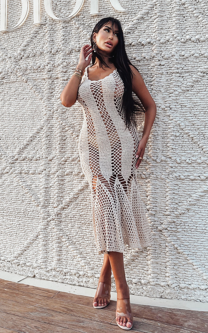 Beach Muse Beige Resort Crochet Knitted Mermaid Style Summer Midi Dres HOUSE OF MAGUIE Beach Muse Beige Resort Crochet Knitted Mermaid Style Summer Midi Dres HOUSE OF MAGUIE