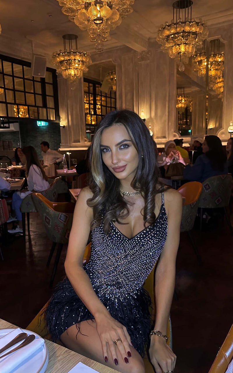 Modern Love Black Premium Embellished Pearls Rhinestones & Feathers Birthday Party Dress