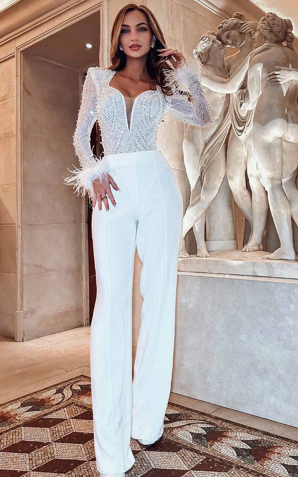 The Glamiest around White Embellished Bodysuit With Feathers cuffs