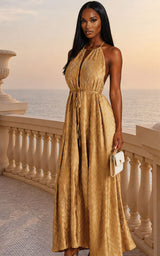 RSVP Darling – Honey Gold Backless Plissé Maxi Wedding Guest Dress