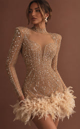 Private Event Crystal Embellished Long Sleeve Feather Trim Mini Dress