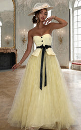 Yellow Tulle Strapless Waistcoat Design Black Tie Belt Maxi Dress