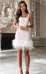 Hen Crush – White Premium Sequin Mini Dress with Ostrich Feather Trim