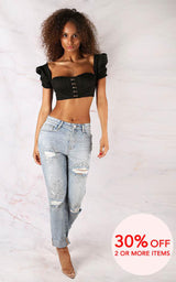 DULCE MARIA BLACK PUFF SLEEVES CROPPED TOP