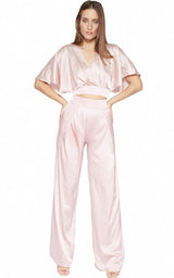 BELAMINA ROSE SATIN PLEATED PALAZZO TROUSER SET