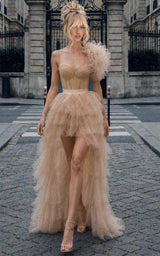 Manor Muse – Champagne Bedazzled Rhinestone Corset Layered Tulle Maxi Dress MADE TO ORDER