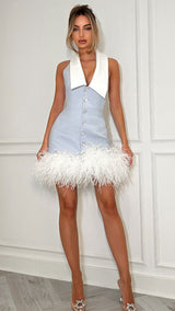 Brit Darling – White Collar Crystal Buttons Feather Hem Afternoon Tea Mini Dress Blue