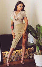 DASHA LATTE THIGH SPLIT BUTTONED RIBBED MID SKIRT