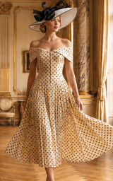 Champagne in Polka Dot Vintage Off-the-Shoulder Pleated Midi Dress