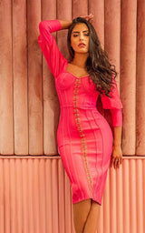 Melania Fuchsia Puff Sleeves Gold Hook & Eye Bandage Cocktail Midi Dress