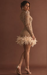 Private Event Crystal Embellished Long Sleeve Feather Trim Mini Dress