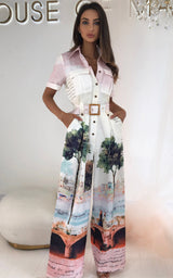 Tropical Mode Palm Print Utility Pockets Flared Trousers Jumpstuit