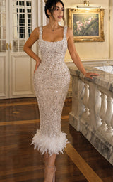 Billionaire’s Guest Champagne Sequin Feathered Hem Midi Dress