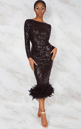 CONSTANZA SEASON II BLACK NOIR EMBROIDERY SEQUINS OPEN BACK FEATHER HEM MIDI DRESS LIMITED EDIT