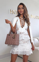 AMORA WHITE RUFFLE SKIRT LACE UP DESIGN CHIFFON & LACE DRESS