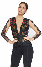 DONATELLA BLACK SHEER MESH  EMBROIDERY DEEP PLUNGE TOP