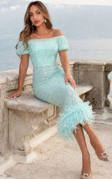 Aqua Sequin Bardot Style Feather Trim Midi Dress