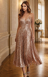 Rose Gold V-neck pleated wedding guest midi dress