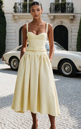Belle Époque – Sweetheart Belted A-Line Tweed Midi Dress Butter Yellow