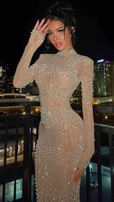 Cristal Glam Glow Skin Tan Embellished Turtleneck bodycon Wedding Guest Midi dress