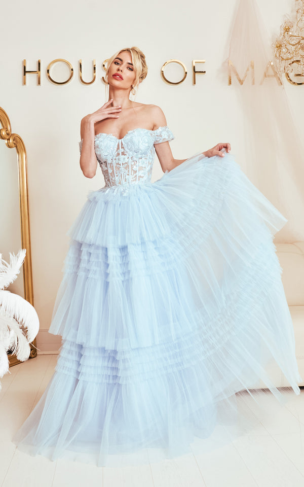 Azure Allure Baby Blue Embroidered Bustier Off-The-Shoulder Layered Tulle Maxi Dress